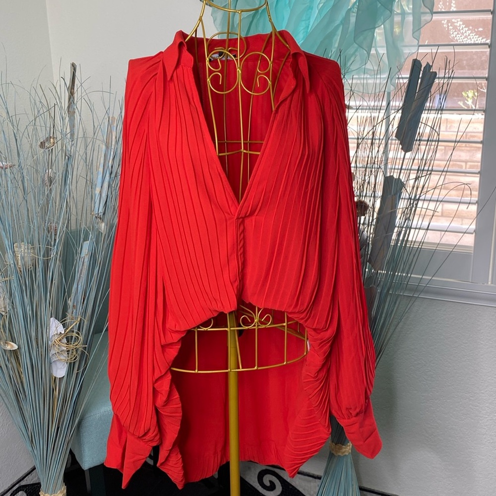 Red Pleated Asymmetric Blouse
